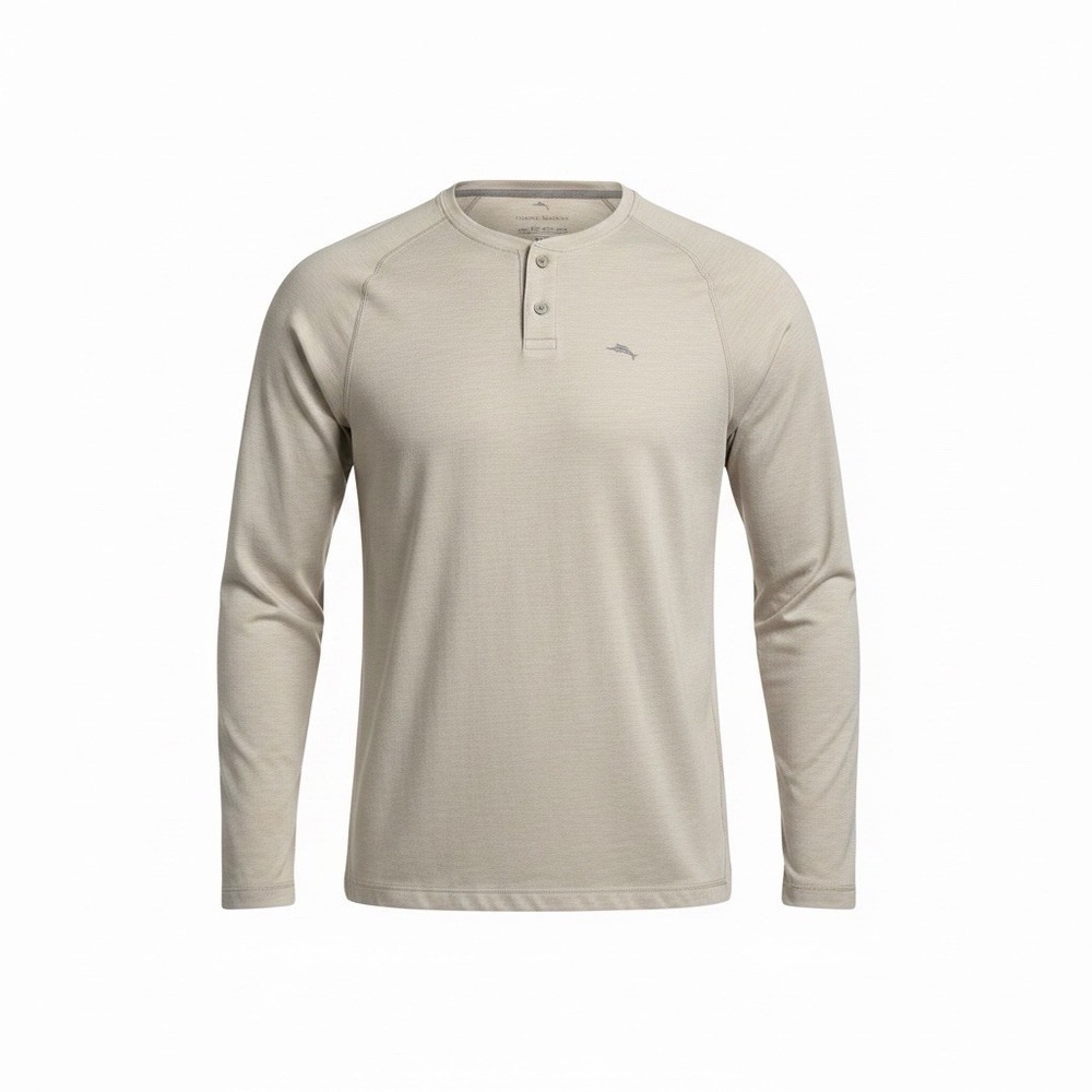 Tommy Bahama IslandZone Henley Shirt Mens M Beige Long Sleeve UPF 30